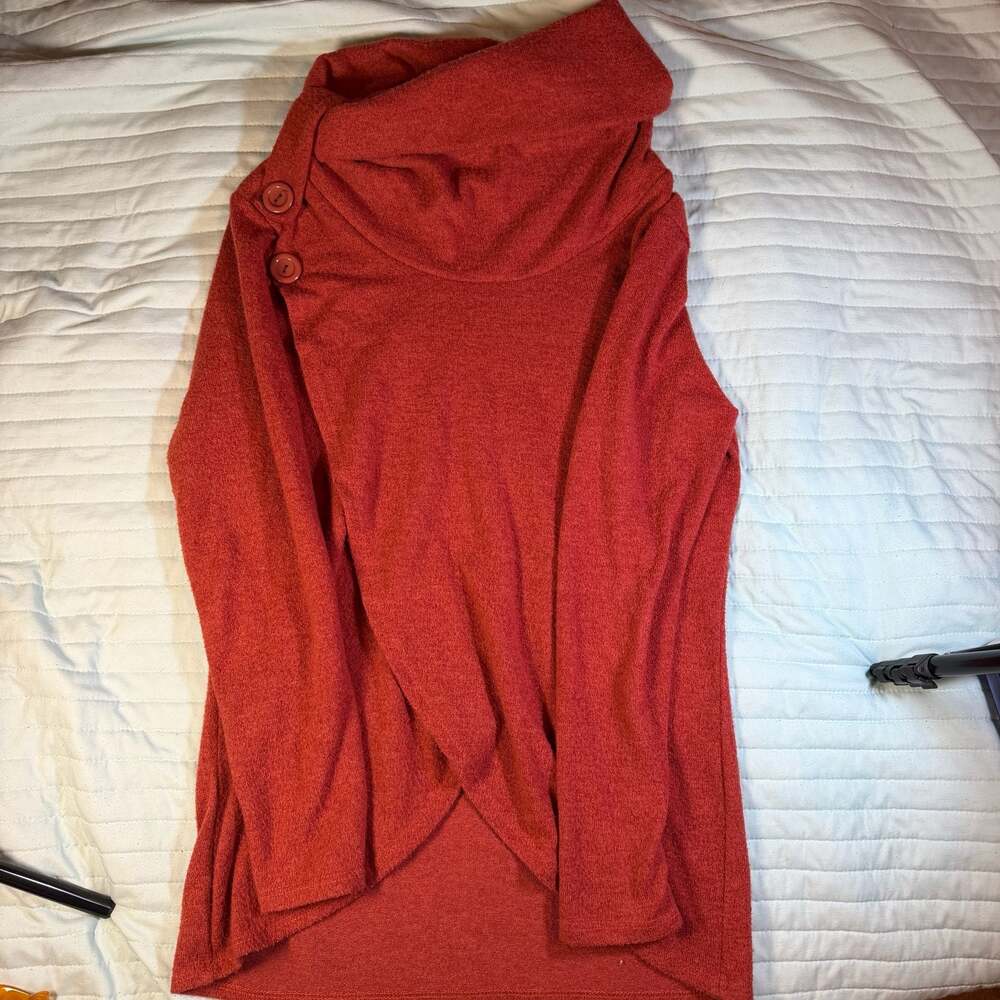 Beeson River Brick Red Cowl Neck Tunic Sweater with Button Detail